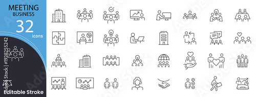 Meeting business related icons set. Including discussion, team, schedule, conference, collaboration, agenda, communication, and planning. Editable stroke. 