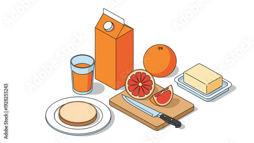 Fresh breakfast set with orange juice, grapefruit, bread, and butter displayed neatly in a clean isometric vector illustration style.
