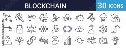 Blockchain Cryptocurrency Icons Set of 30 Thin Line Vector