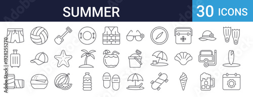 Summer Vacation Icons Set of 30 Thin Line Vector