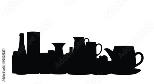 Collection of ceramic tableware and vessels in black silhouette