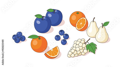 Assorted fresh fruits including plums, blueberries, oranges, grapes, and pears displayed in isometric vector illustration style.