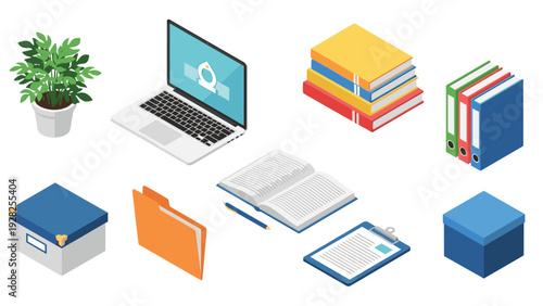 Professional office and study materials including a laptop, stacks of books, and filing folders in isometric vector illustration.