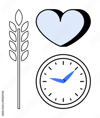 Health, time management, sustainability, wellness, agriculture, natural balance. Minimalist design with a heart, a clock and a wheat stalk. Health and time management connection