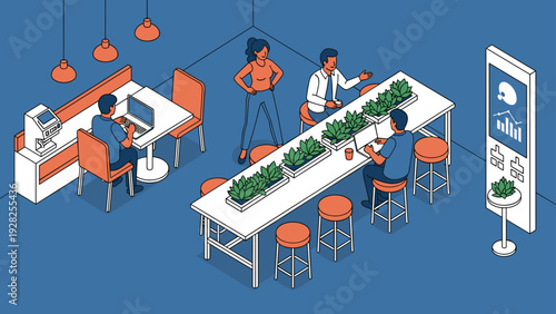 Vibrant coworking space or cafe featuring people working on laptops and socializing in a modern isometric illustration.