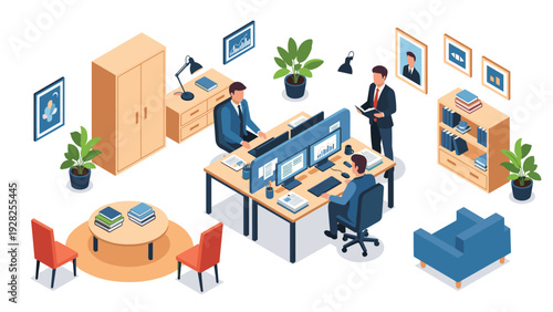 Modern corporate office environment showing employees working at their desks with computers in isometric vector illustration.