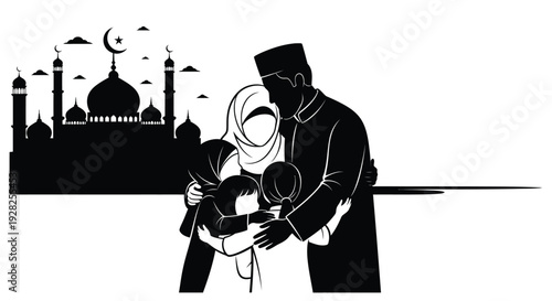 Muslim family embracing under a crescent moon a striking silhouette