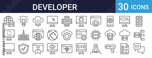 Developer Technology Icons Set of 30 Thin Line Vector