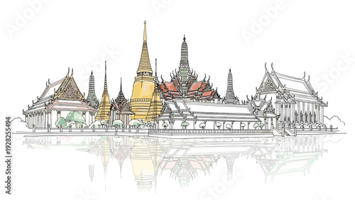 grand palace complex in bangkok hand drawn architectural illustration with reflection
