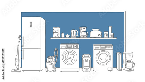 collection of home appliances in hand drawn style with refrigerator washing machines vacuum cleaner kitchen gadgets and coffee makers