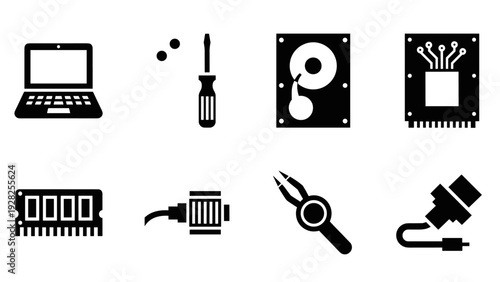 set of hand drawn computer hardware and repair icons including laptop screwdriver hard drive ram and tools