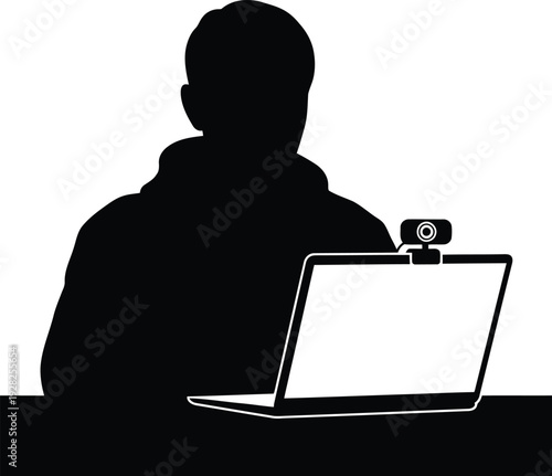 Silhouette of Person Using Laptop with Webcam for Online Meeting or Remote Work