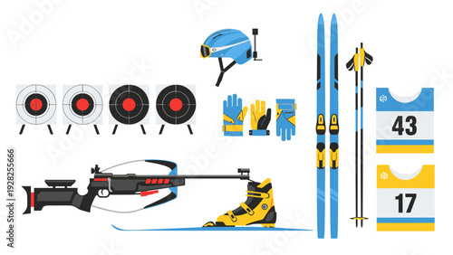 biathlon sport equipment set with skis poles helmet gloves targets and shooting rifle in flat style