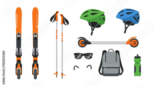 collection of outdoor sports equipment including ski skates poles helmets backpack glasses and bottle in flat style