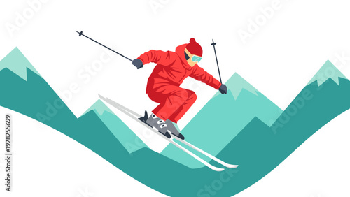 skier jumping on slopes with mountain background flat vector illustration winter sport activity