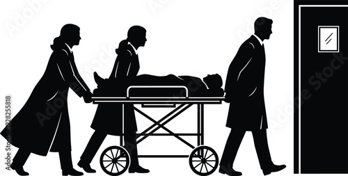 Medical team transporting patient on stretcher silhouette, hospital emergency care, doctors and nurses rushing to operating room, healthcare service vector illustration