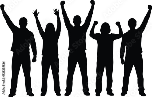 Black silhouette of people with raised arms celebrating victory and unity isolated on white background for success and protest and community concepts