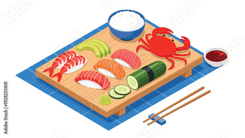 Traditional sushi platter served on a wooden board with nigiri, cucumber rolls, avocado slices, a crab, rice bowl, and soy sauce.