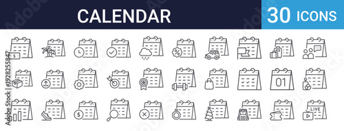Calendar Date Icons Set of 30 Thin Line Vector