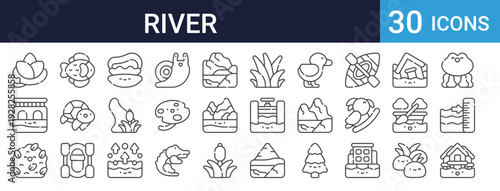 River Nature Icons Set of 30 Thin Line Vector
