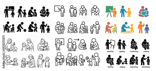 Diverse family activities and interactions icon set