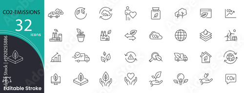 CO2 emission related icons set. Including pollution, carbon, environment, gas, factory, climate, footprint, and air. Editable stroke.