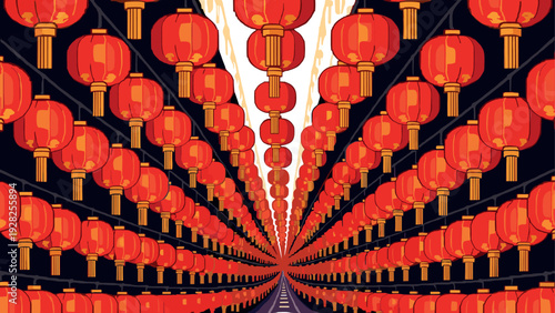 rows of red chinese lanterns hanging in symmetrical pattern illustration with perspective style for festival decoration