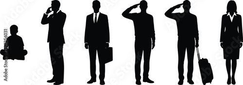 People silhouettes collection, businessman talking on phone, traveler with suitcase, soldier saluting, woman standing, child sitting, diverse occupations vector illustration set
