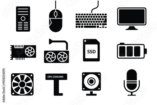 Set of solid black icons depicting essential computer hardware such as a PC tower, mouse, keyboard, monitor, graphics card, SSD, battery, fan, and microphone.