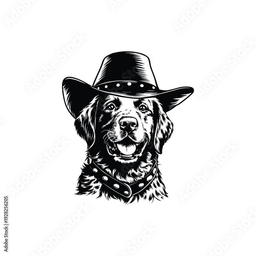Black and white hand drawn illustration of a dog head with a cowboy hat and studded necklace in retro vintage style vector art