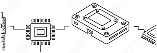 Line art illustrations of a computer chip with pins, a small computer case or module, and a component with pins, showcasing electronic parts and connectivity.