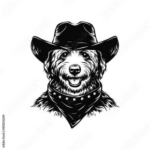 Black and white hand drawn illustration of a dog head with a cowboy hat and studded necklace in retro vintage style vector art
