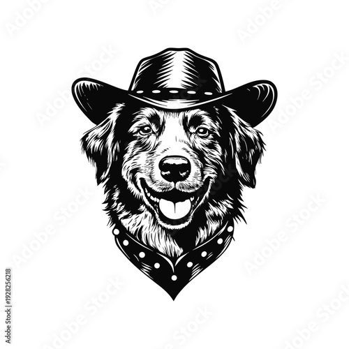 Black and white hand drawn illustration of a dog head with a cowboy hat and studded necklace in retro vintage style vector art