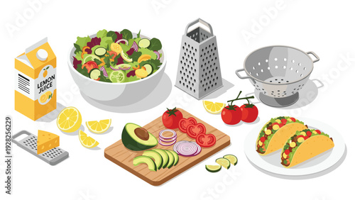 Healthy food preparation scene with a large salad bowl, avocado, tomatoes, onions, tacos, a grater, and a colander on a white surface.