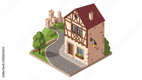 isometric medieval house with cobblestone path castle and greenery hand drawn illustration