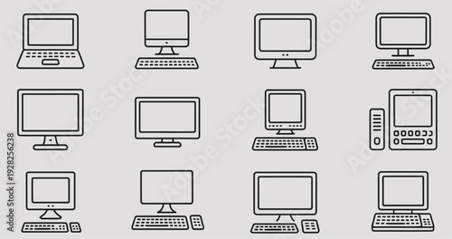 Collection of thin line icons representing various computer monitors, laptops, and desktop towers, showcasing different styles and eras of personal computing technology.