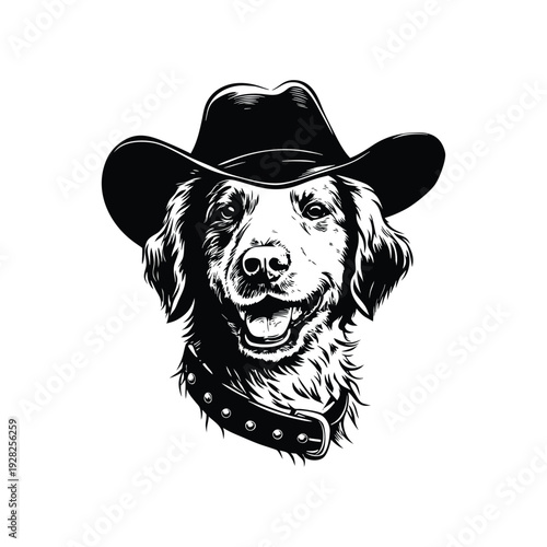 Black and white hand drawn illustration of a dog head with a cowboy hat and studded necklace in retro vintage style vector art