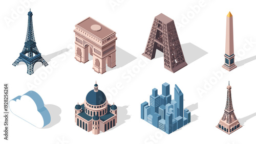 collection of isometric famous landmarks and city architecture illustrations in flat style