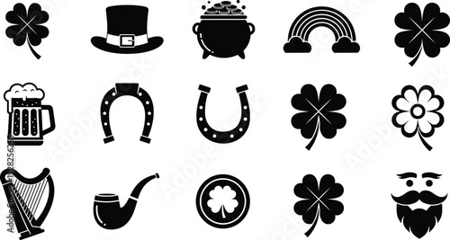 Black silhouette collection of St Patricks Day icons including shamrocks leprechaun hat pot of gold and lucky horseshoe isolated on white background