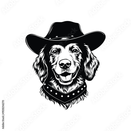 Black and white hand drawn illustration of a dog head with a cowboy hat and studded necklace in retro vintage style vector art