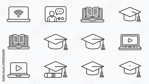 Set of line art icons symbolizing online education, featuring laptops with Wi-Fi and video conferencing, open books, and graduation caps with tassels.