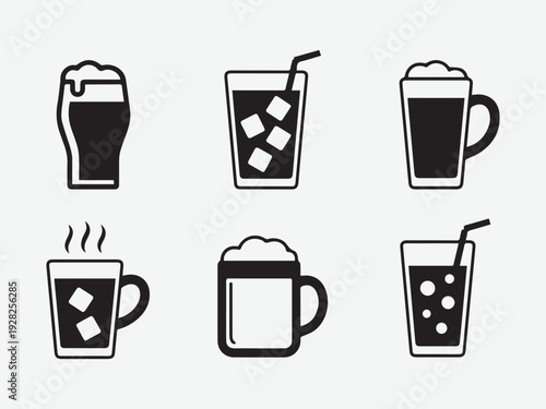 Set of black minimalist beverage icons for hot and cold drinks