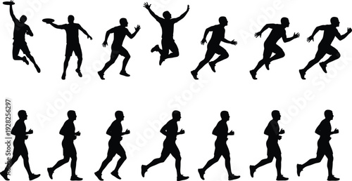 Running and jumping athletes silhouettes set, male sportsman sprinting, jogging and playing frisbee, fitness training activity, outdoor sport motion vector illustration