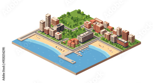 isometric city beach neighborhood with high-rise buildings green park and marina in vector style
