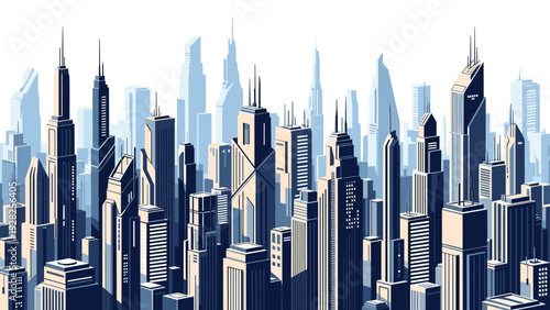Panoramic view of a dense urban city skyline with numerous modern skyscrapers of varying heights against a white background.