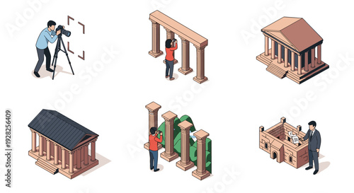 isometric ancient architecture and photographers set with classical columns and temples in detailed style