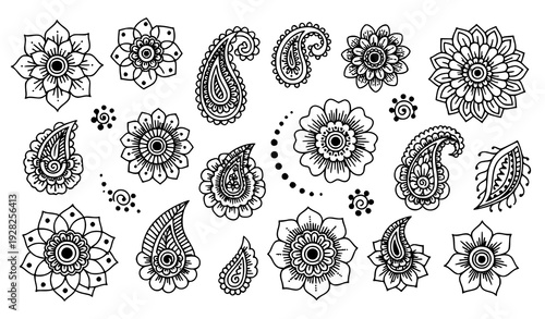 Mehndi flower outline vector set henna doodle ornaments in ethnic oriental style
