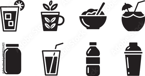 Black and white vector icons representing various beverages and containers