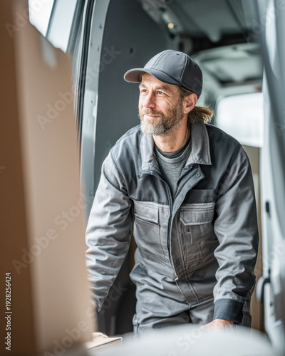 A man in a gray work uniform and cap leans forward inside a vehicle, looking thoughtfully out the window.