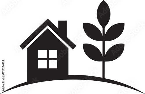 Minimalist black silhouette icon of a house and plant